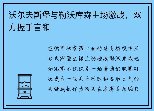沃尔夫斯堡与勒沃库森主场激战，双方握手言和