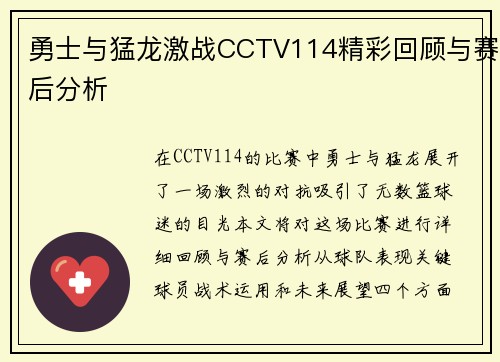勇士与猛龙激战CCTV114精彩回顾与赛后分析