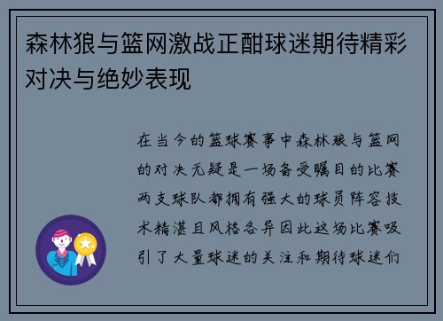 森林狼与篮网激战正酣球迷期待精彩对决与绝妙表现