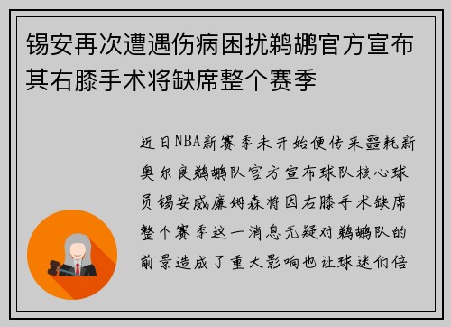 锡安再次遭遇伤病困扰鹈鹕官方宣布其右膝手术将缺席整个赛季