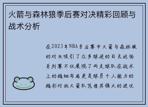 火箭与森林狼季后赛对决精彩回顾与战术分析