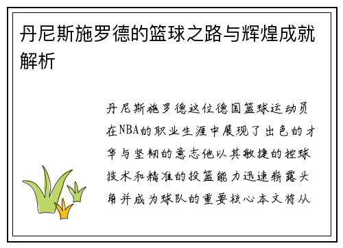 丹尼斯施罗德的篮球之路与辉煌成就解析