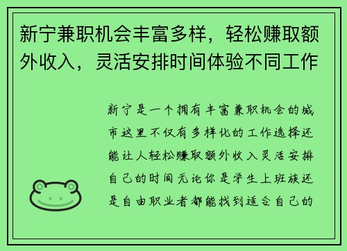 新宁兼职机会丰富多样，轻松赚取额外收入，灵活安排时间体验不同工作