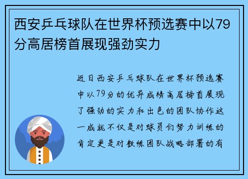 西安乒乓球队在世界杯预选赛中以79分高居榜首展现强劲实力